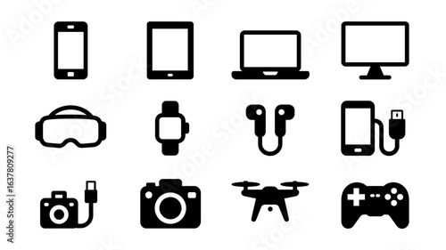 Silhouette icons of modern technology devices: smartphones, gadgets, and game controllers