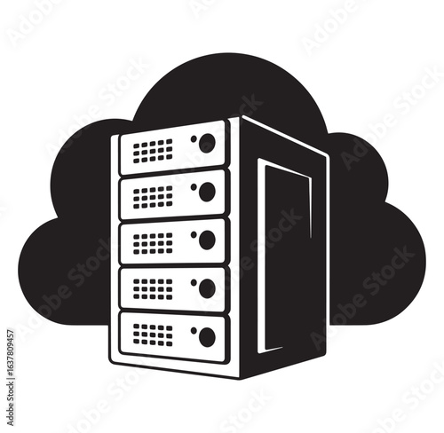 Data center server rack with cloud symbol representing cloud computing storage