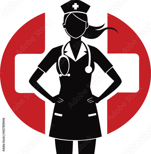 A confident nurse gives a thumbs-up beside a red cross