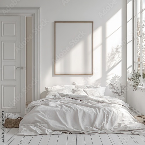 Bright and Airy Bedroom with Minimalist Decor and Soft Natural Light Filtering Through Windows