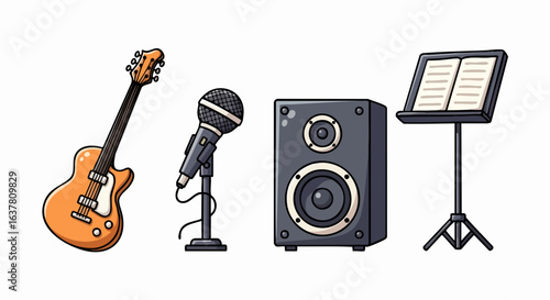 Vector SVG Illustration of Music Equipment Set Featuring Guitar Microphone Speaker and Music Stand in Flat Design Style with Vibrant Colors for Digital Media