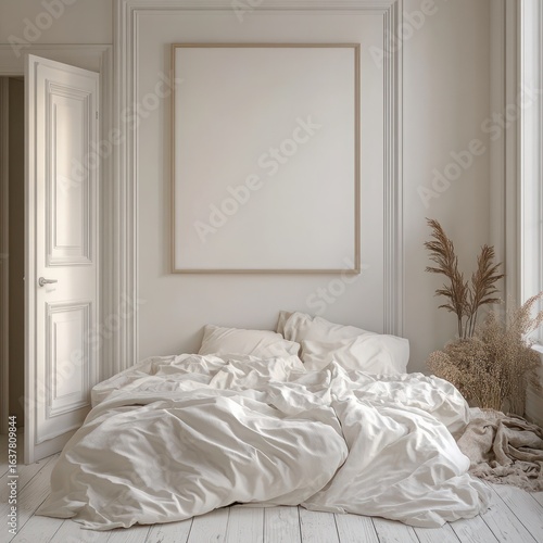 Cozy Minimalistic Bedroom with Soft Bed Linen and Neutral Tones in a Bright and Airy Space