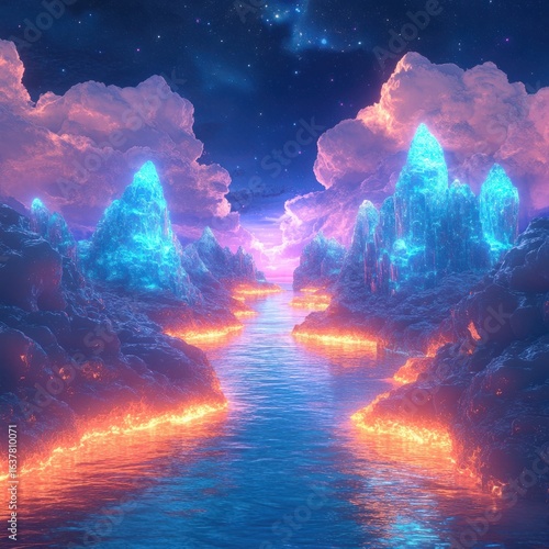 Vibrant Fantasy Landscape with Glowing Mountains and Mystical Waterway Under Starry Night Sky