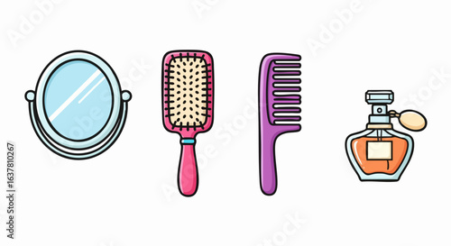 Minimalist Vector SVG Illustration of Bathroom Accessories with Flat Design Style Featuring Mirror Brush Comb and Perfume Bottle in Bright Colors