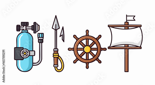 Vector SVG Illustration of Nautical and Diving Equipment with Flat Design Style in Bright Colors for Marine and Adventure Themes