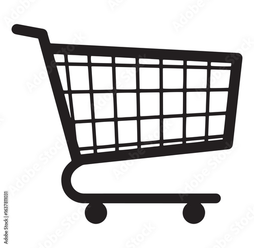 Simple black shopping cart symbol depicting retail purchasing and consumerism isolated