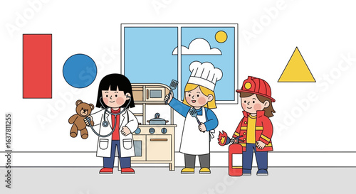 Children dressed in doctor, chef, and firefighter costumes in a playroom setting, surrounded by geometric shapes.