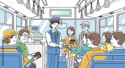 Bus driver collecting fares from passengers in a Japanese-style bus interior.