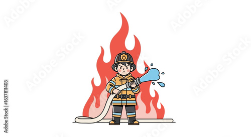 Brave firefighter bravely battling intense flames with a water hose.