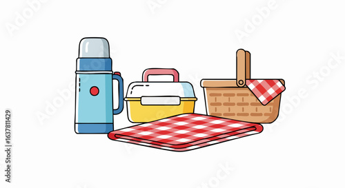 Vector Minimalist SVG Illustration of Picnic Items with Flat Design Style Featuring Thermos Bottle Cooler Basket and Blanket in Bright Colors