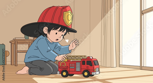 A young child, wearing a firefighter's hat, plays with a toy firetruck in a cozy home setting.