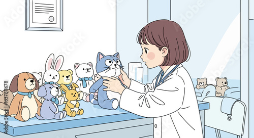A young veterinarian examines stuffed animals in a pastel-toned veterinary clinic.