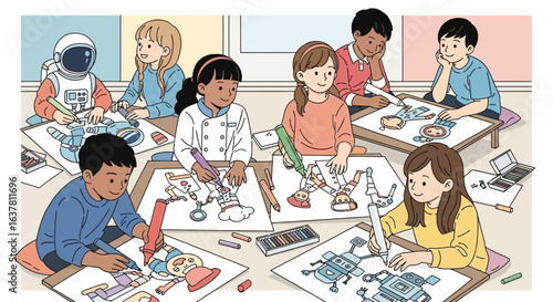 Children of diverse ethnicities are sitting at tables, drawing pictures of robots, astronauts, chefs, and other imaginative subjects in a classroom setting.