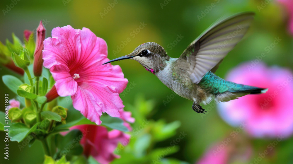 Naklejka premium Vibrant Hummingbird Hovering Near Bright Pink Flower in Garden Setting Captured in Nature's Splendor