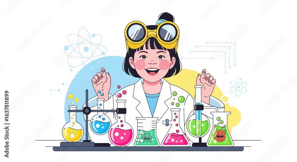 Young girl in a lab coat and goggles excitedly conducts a science experiment with colorful liquids and flasks. Young girl in a lab coat and goggles excitedly conducts a science experiment with colorful liquids and flasks.