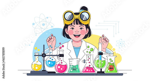 Young girl in a lab coat and goggles excitedly conducts a science experiment with colorful liquids and flasks.