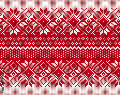 Christmas traditional ornament. Xmas winter knit seamless print. Holiday pattern. Red knitted sweater texture. Wool pullover. Geometric background with snowflakes. Festive crochet. Vector illustration