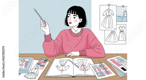 Illustration of a woman in a pink sweater pointing with a pencil at a dress design in a sketchbook, surrounded by fashion design materials.