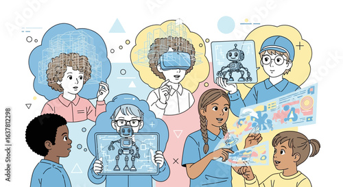 Children envisioning and interacting with technology, including robots, virtual reality, and digital interfaces.