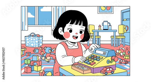 Illustration of a young girl playing with a toy cash register in a colorful playroom filled with toys and furniture.