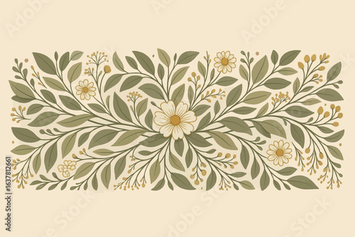 Elegant botanical border illustration featuring eucalyptus leaves and chamomile flowers in soft green and yellow tones, perfect for invitations, stationery, and decorative design projects