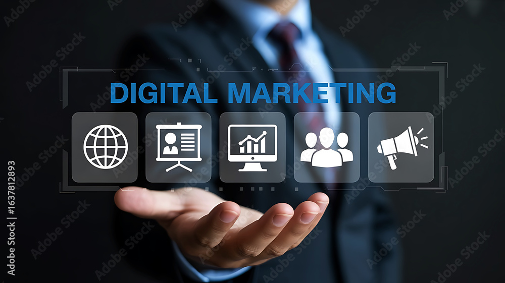 Fototapeta premium Businessman presenting digital marketing strategy with icons representing global reach analytics and customer engagement