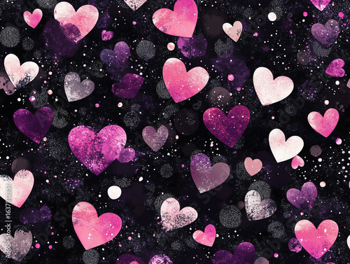 A dynamic close-up shows numerous pink and white hearts, some transparent and glistening with sparkles, floating against a dark, bokeh-filled background.