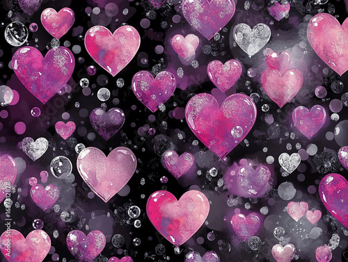 A dynamic close-up shows numerous pink and white hearts, some transparent and glistening with sparkles, floating against a dark, bokeh-filled background.