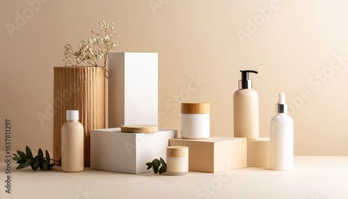 Wallpaper Mural "Flat lay of assorted skincare and beauty products with white and beige containers, Torontodigital.ca