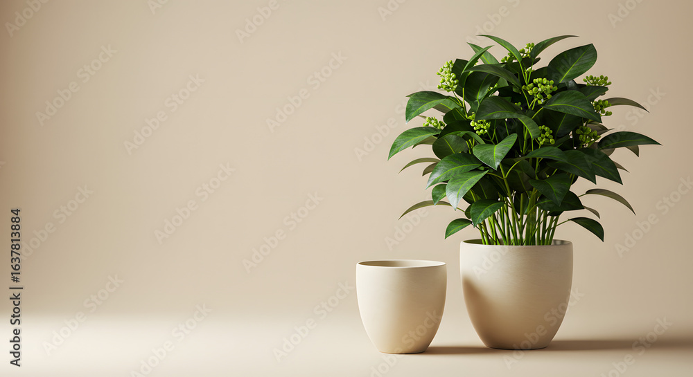 Fototapeta premium Elegant houseplant with lush foliage, a symbol of growth and tranquility, minimalist aesthetic in