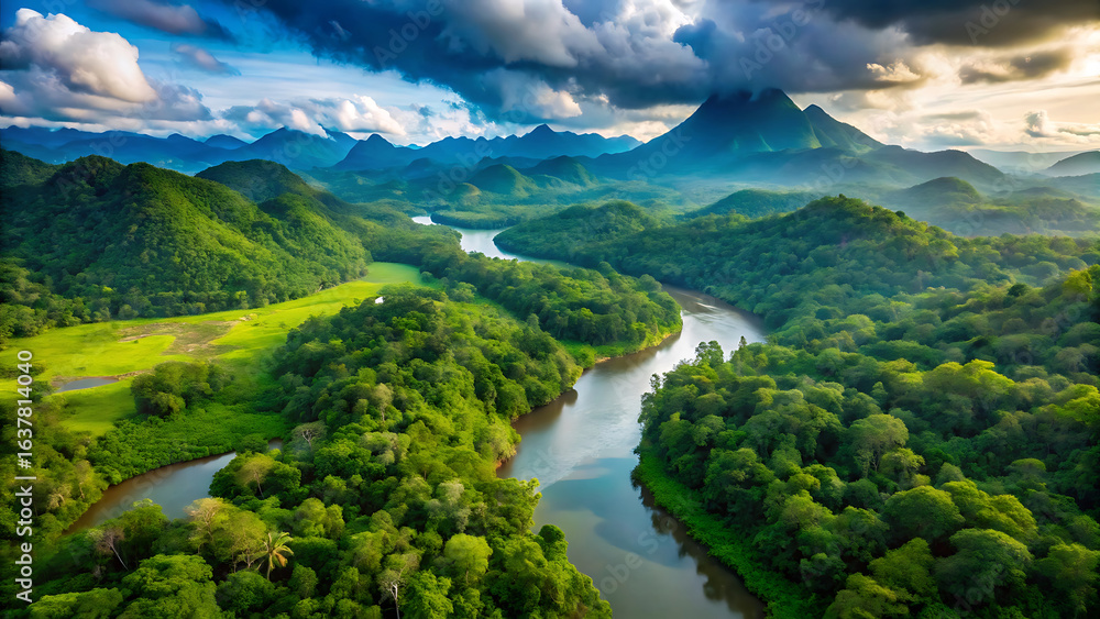 Fototapeta premium Aerial view of lush tropical rainforest river and dense green canopy