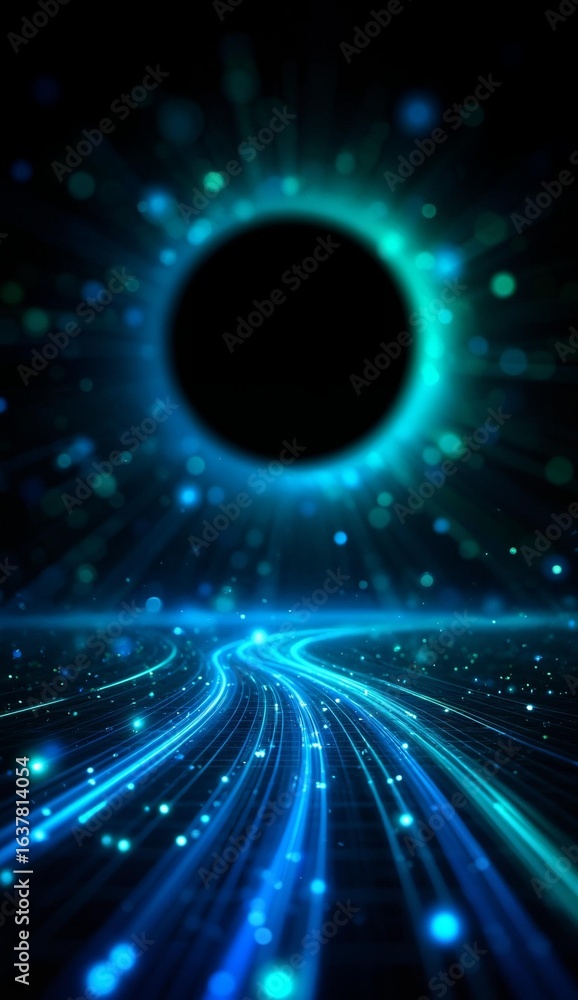 Obraz premium A cosmic scene featuring a black hole with radiant blue light streaks curving through space.