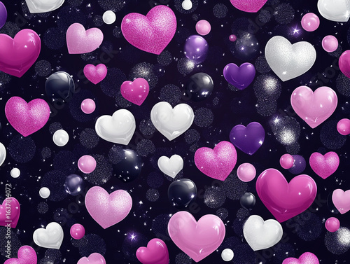 A dynamic close-up shows numerous pink and white hearts, some transparent and glistening with sparkles, floating against a dark, bokeh-filled background.