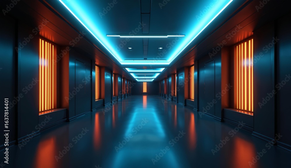 Fototapeta premium Futuristic Corridor with Neon Lighting and Reflective Floor