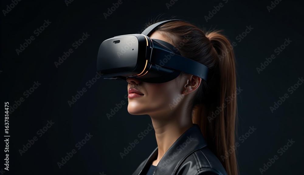Person wearing a virtual reality headset against a dark background Person wearing a virtual reality headset against a dark background