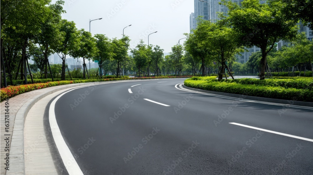 Naklejka premium Urban Road Curve with Green Trees and Modern Buildings in a City Landscape