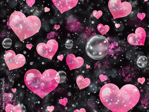 A dynamic close-up shows numerous pink and white hearts, some transparent and glistening with sparkles, floating against a dark, bokeh-filled background.