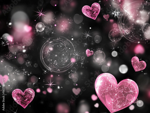 A dynamic close-up shows numerous pink and white hearts, some transparent and glistening with sparkles, floating against a dark, bokeh-filled background.