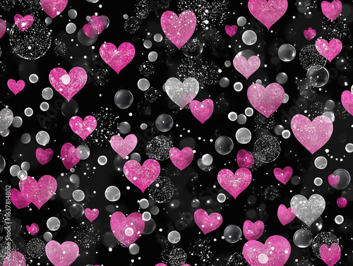 A dynamic close-up shows numerous pink and white hearts, some transparent and glistening with sparkles, floating against a dark, bokeh-filled background.