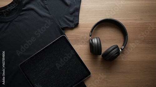 High-quality image of overhead view of black headphones and tablet on a wooden surface