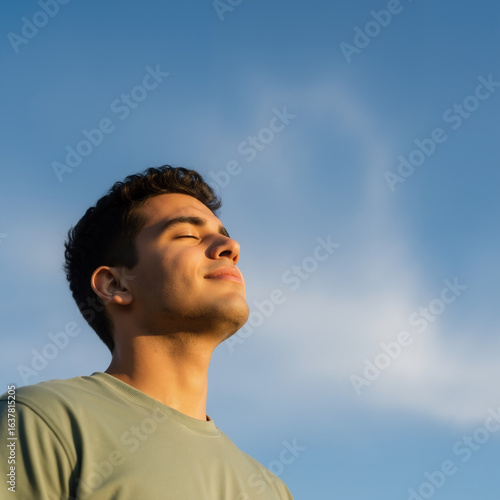 Serene young man with eyes closed, enjoying the sun against a clear blue sky with copy space