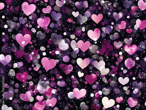 A dynamic close-up shows numerous pink and white hearts, some transparent and glistening with sparkles, floating against a dark, bokeh-filled background.
