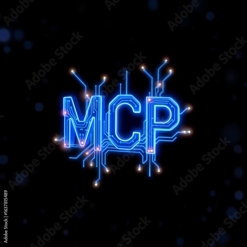 Neon Blue 'MCP' Text with Circuit-like Design on Dark Background