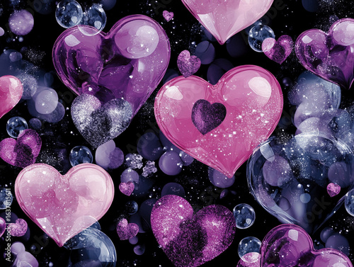 A dynamic close-up shows numerous pink and white hearts, some transparent and glistening with sparkles, floating against a dark, bokeh-filled background.