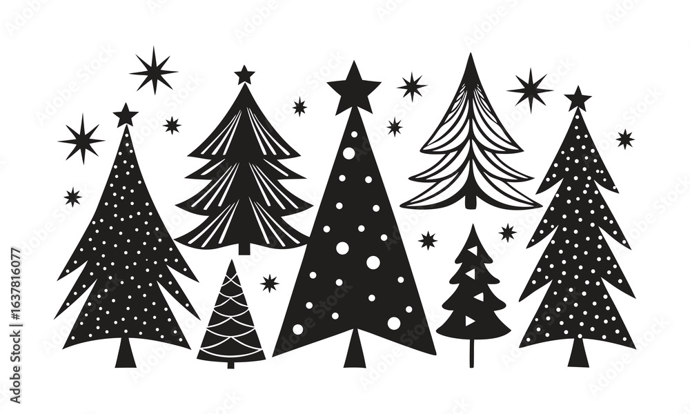 Obraz premium Black and White Stylized Christmas Trees and Stars Festive Design holiday winter