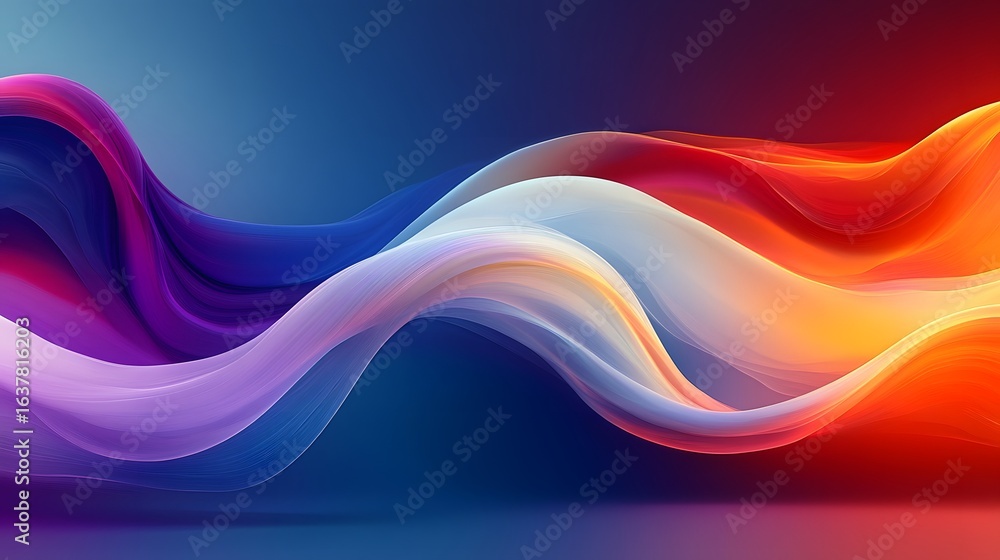 Obraz premium An abstract digital art piece with flowing, ribbon-like waves of color. The image has a smooth gradient, transitioning from cool blue and purple on the left to warm orange and red on the right