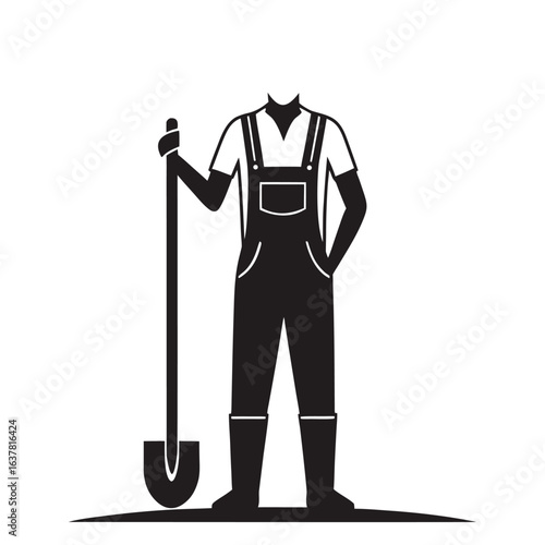 Black and white illustration of a farmer, standing confidently, holding a shovel, wearing overalls and boots;  strong, simple graphic design;  agricultural worker, rural lifestyle concept image.