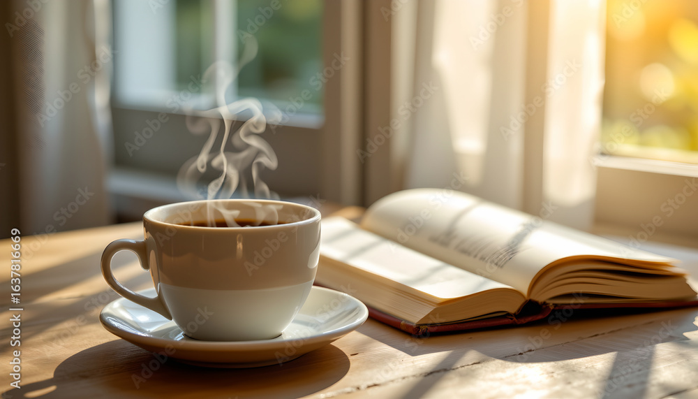Steaming cup of hot beverage placed saucer next to open book wooden table near window with sunlight streaming Steaming cup of hot beverage placed saucer next to open book wooden table near window with sunlight streaming