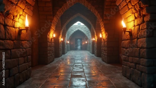 Ancient vaulted corridor in a medieval castle filled with mysterious atmosphere and lit by candles