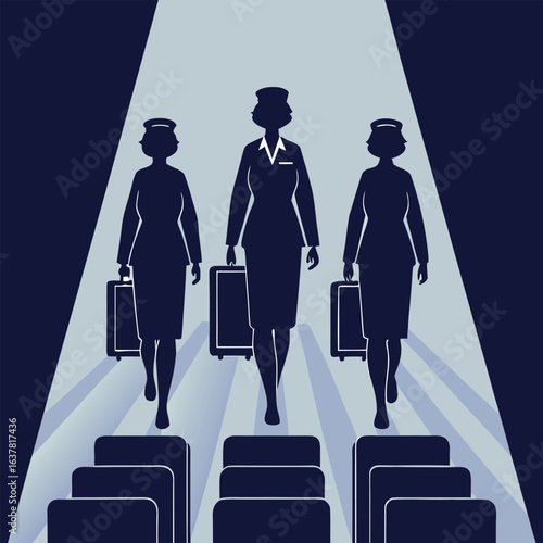 Three female flight attendants in silhouette, carrying luggage, walk purposefully towards the viewer; a dramatic, stylized vector illustration conveying professionalism and travel.